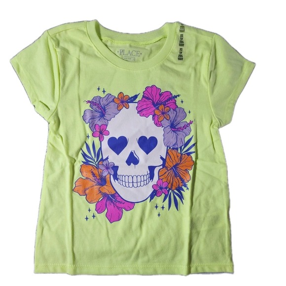 Childrens Place Lime Green Skull Shirt Halloween Childrens Place 5/6 - Picture 1 of 2